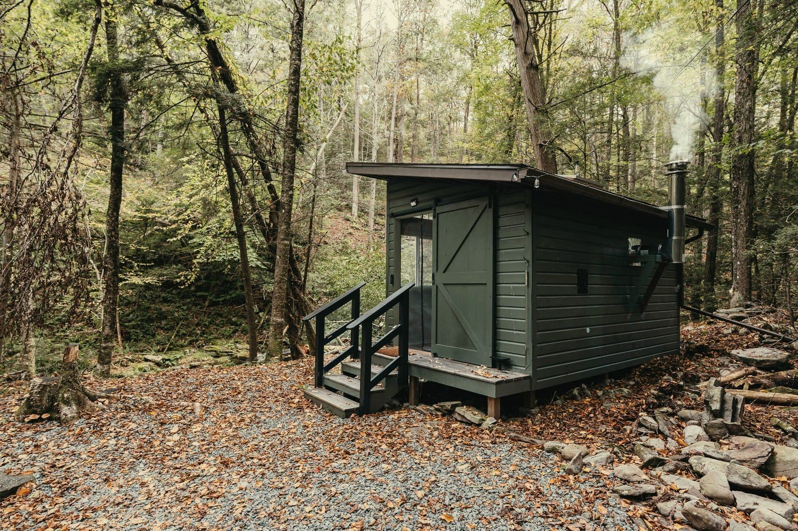 Dark green wood-fired sauna cabin in an autumn woodland with fallen leaves and a log pile